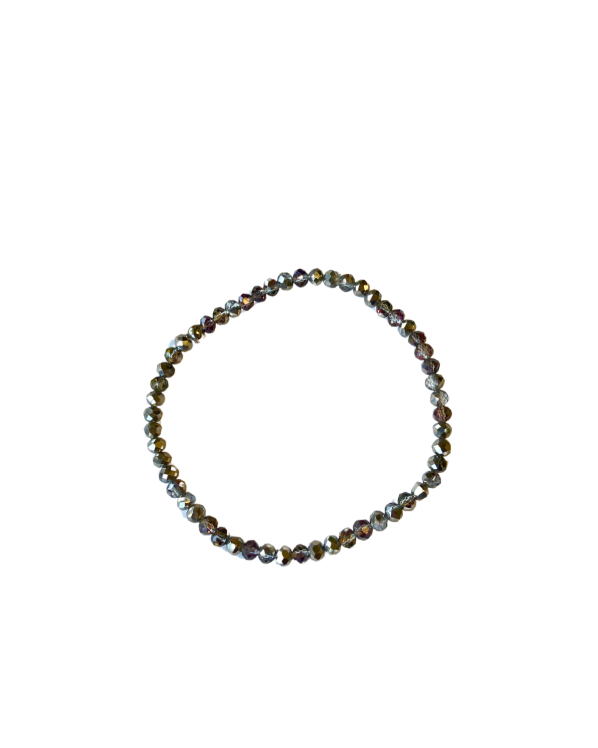 Gray and silver iridescent glass beads strung into a bracelet.