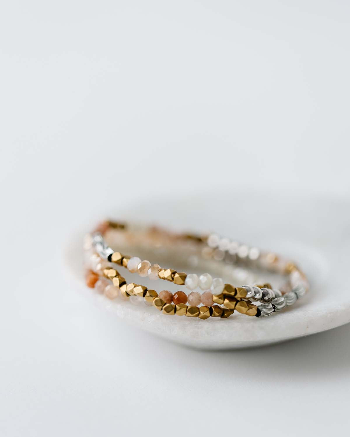gold silver moonstone and sunstone triple wrap bracelet