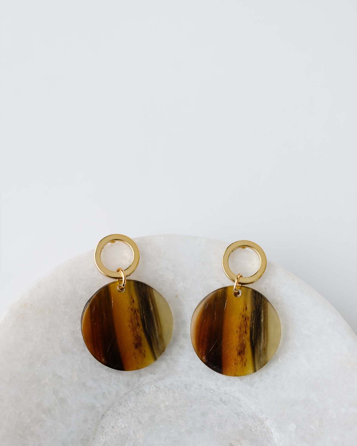 cowhorn disc earrings with gold plated brass hoop stud