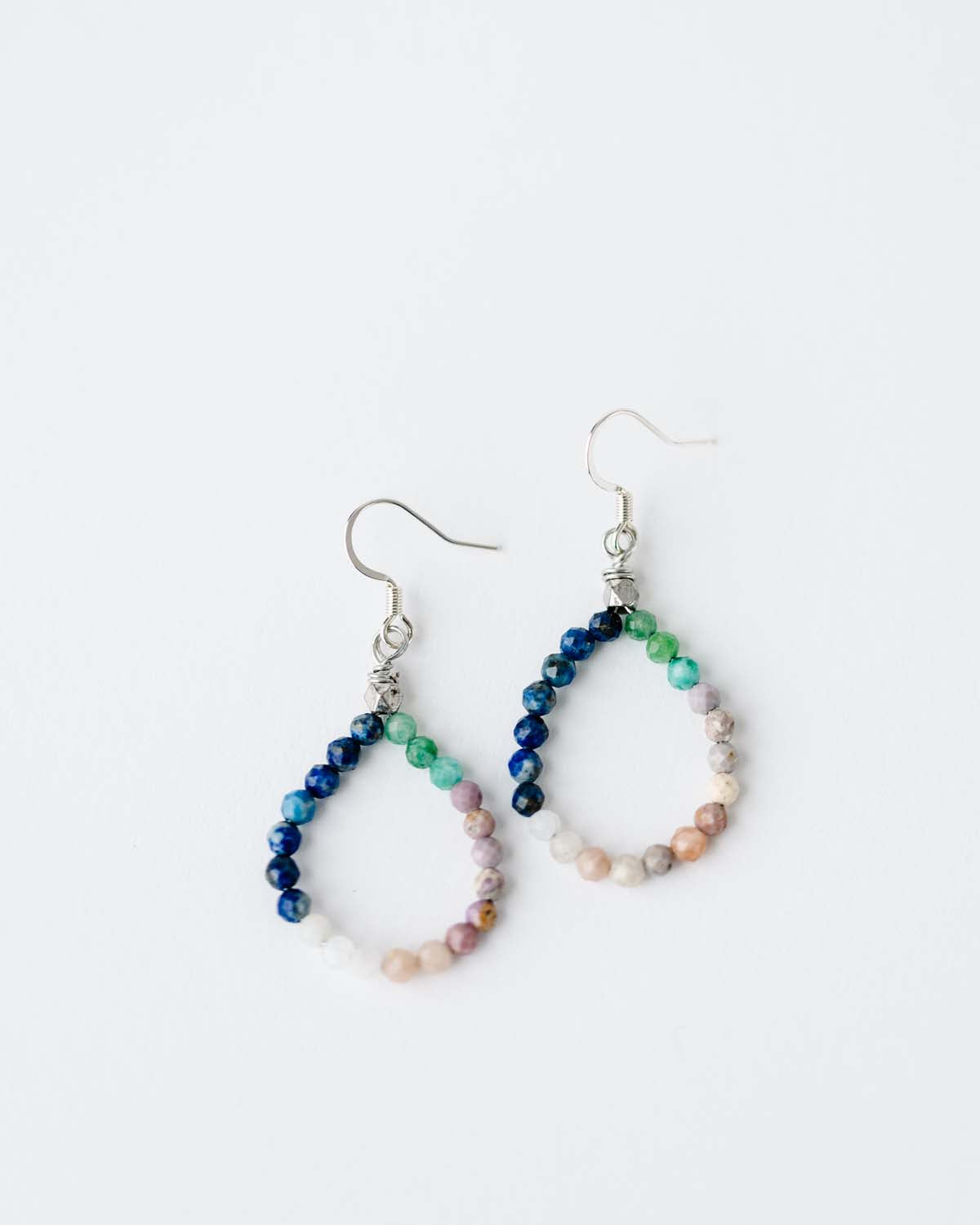 multicolor gemstone hoops on silver ear wire