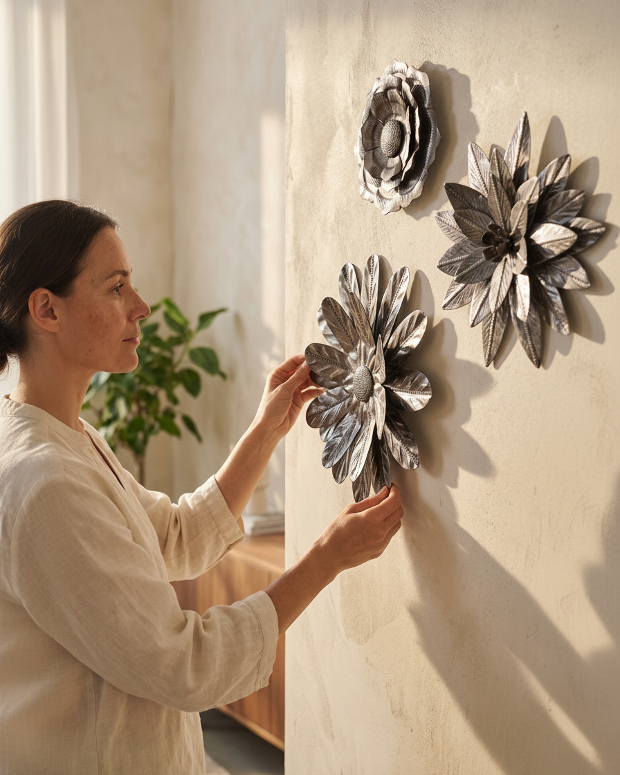 Woman arranging decorative floral wall art on a light-colored wall.