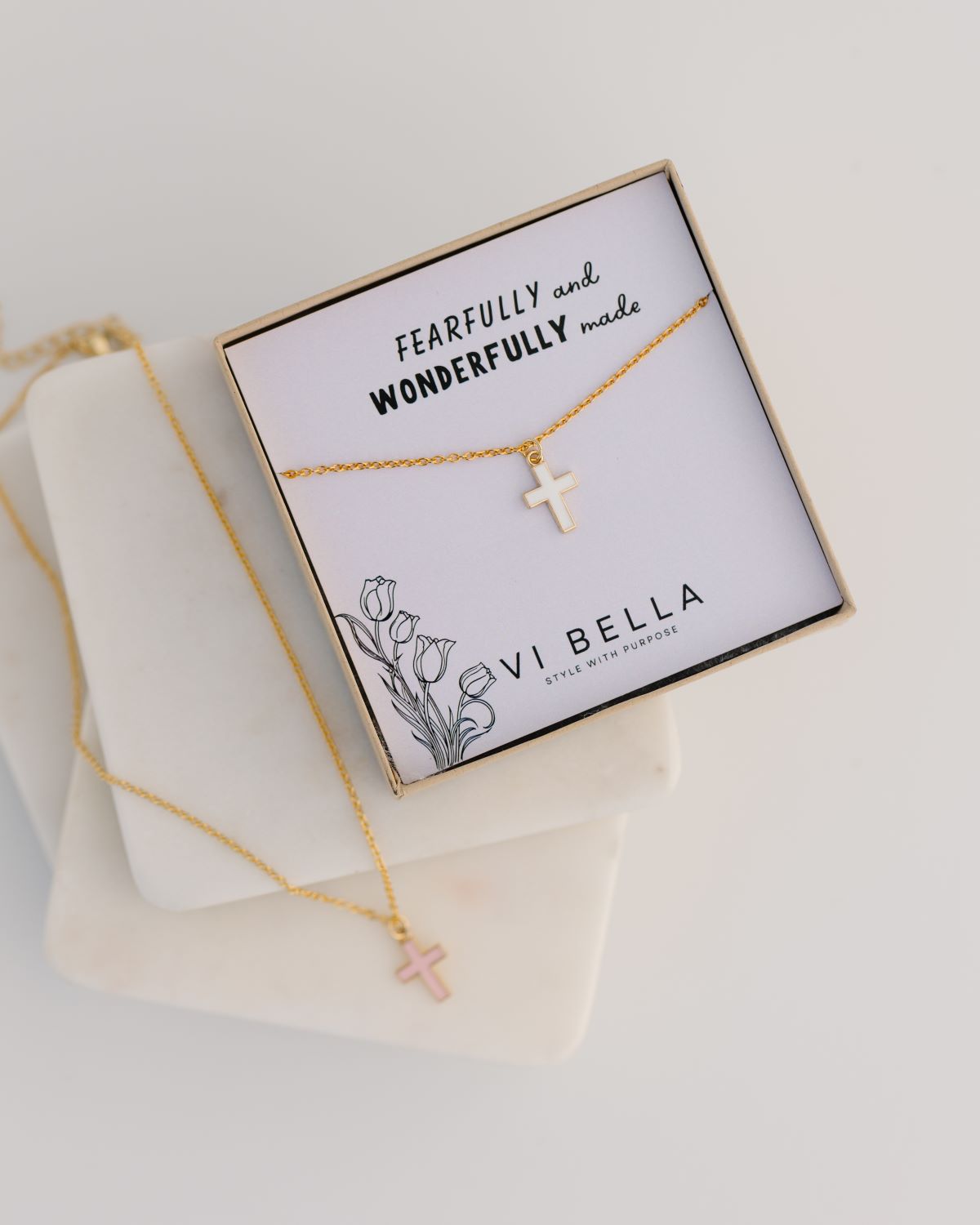 tween girls gold cross necklace with white or pink enamel gold cross