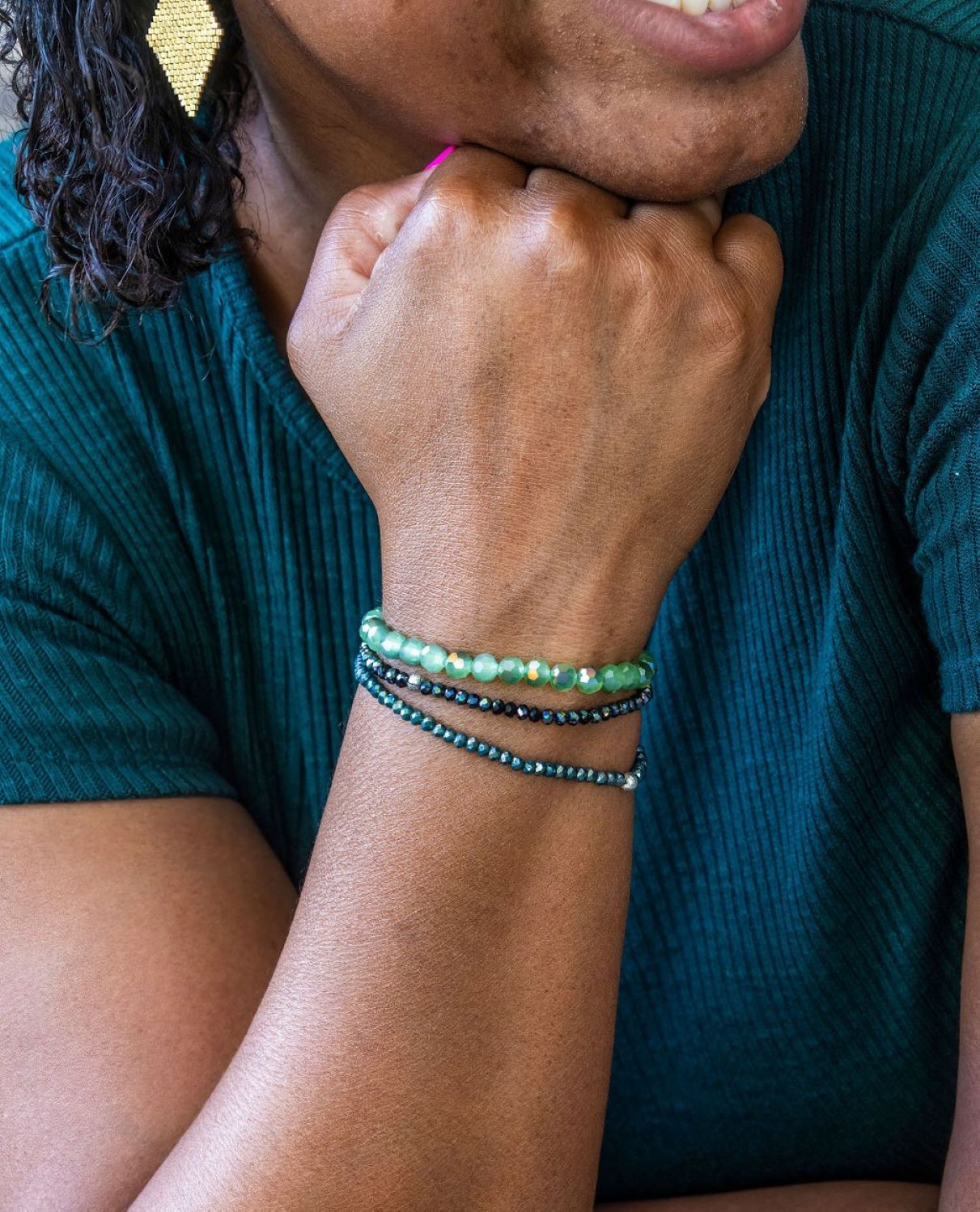 Green beaded bracelet set of 3