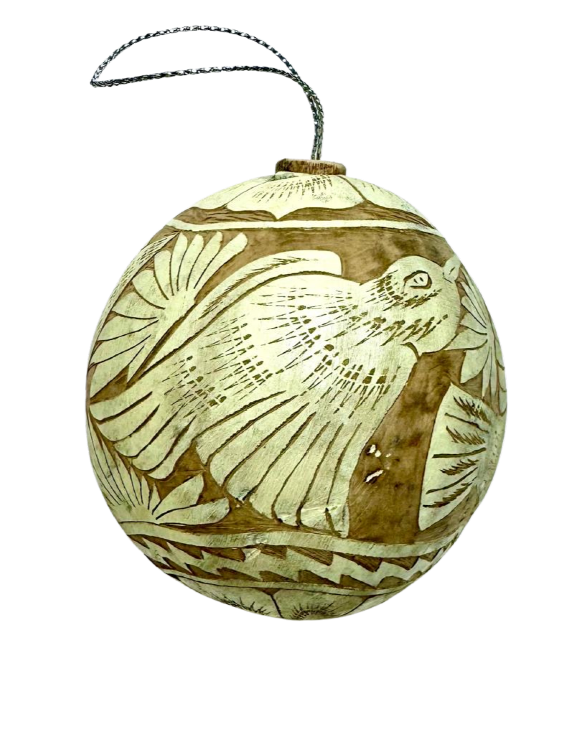 Hand-carved and painted gourd ornament with a bird design, intended for use as a Christmas decoration.