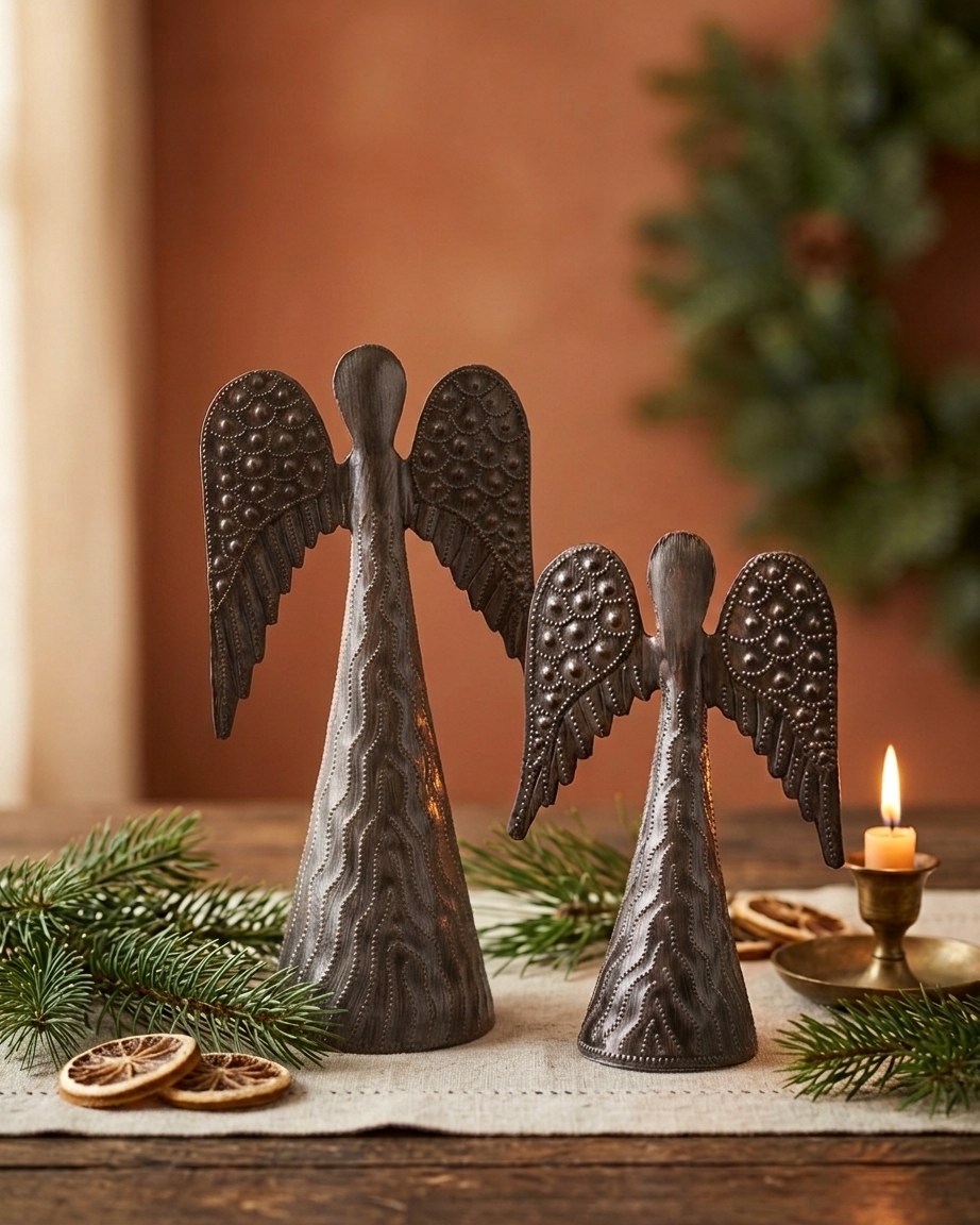 Two dark metal angels with textured wings and bell-shaped bodies, styled on a wooden table with pine branches, dried orange slices, and a lit candle in a brass holder against a warm brown background.
