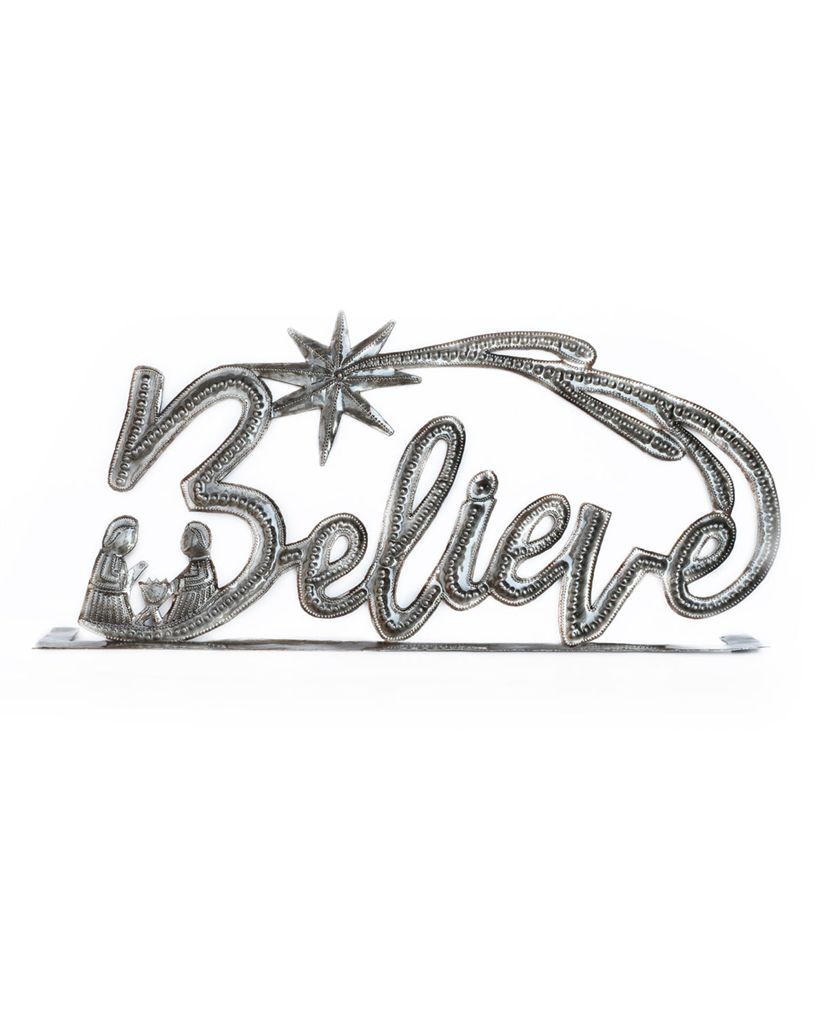 A rectangular metal art piece with the word 'BELIEVE' written in a decorative script, surrounded by a star and small design elements, against a white background.