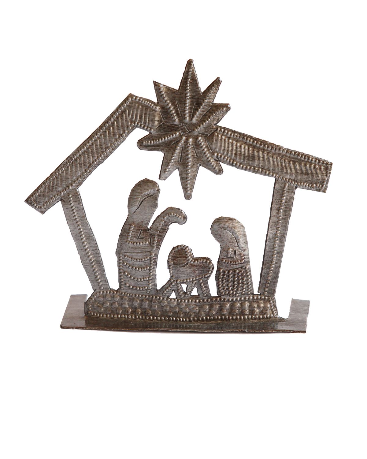 A handcrafted metal nativity set made from recycled oil drums, featuring a small stable with a star above and the figures of Mary, Joseph, and baby Jesus.