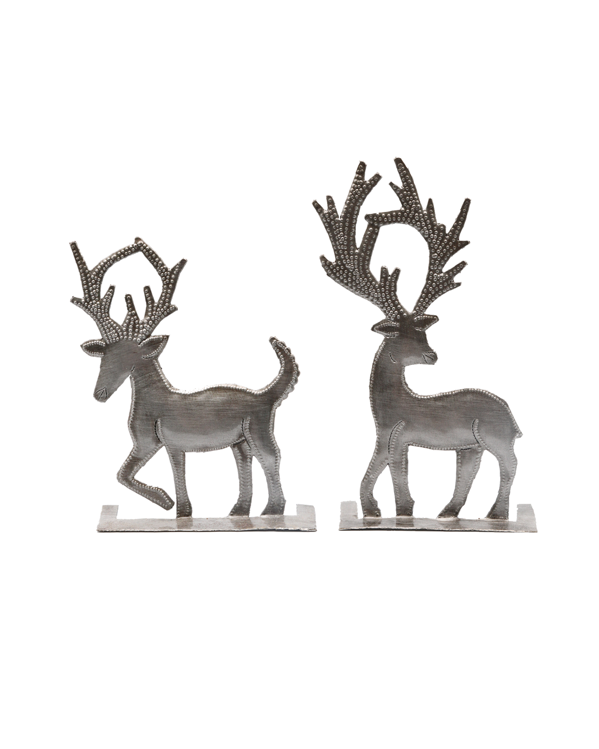 Two metal sculptures of reindeer standing side by side on a plain background.