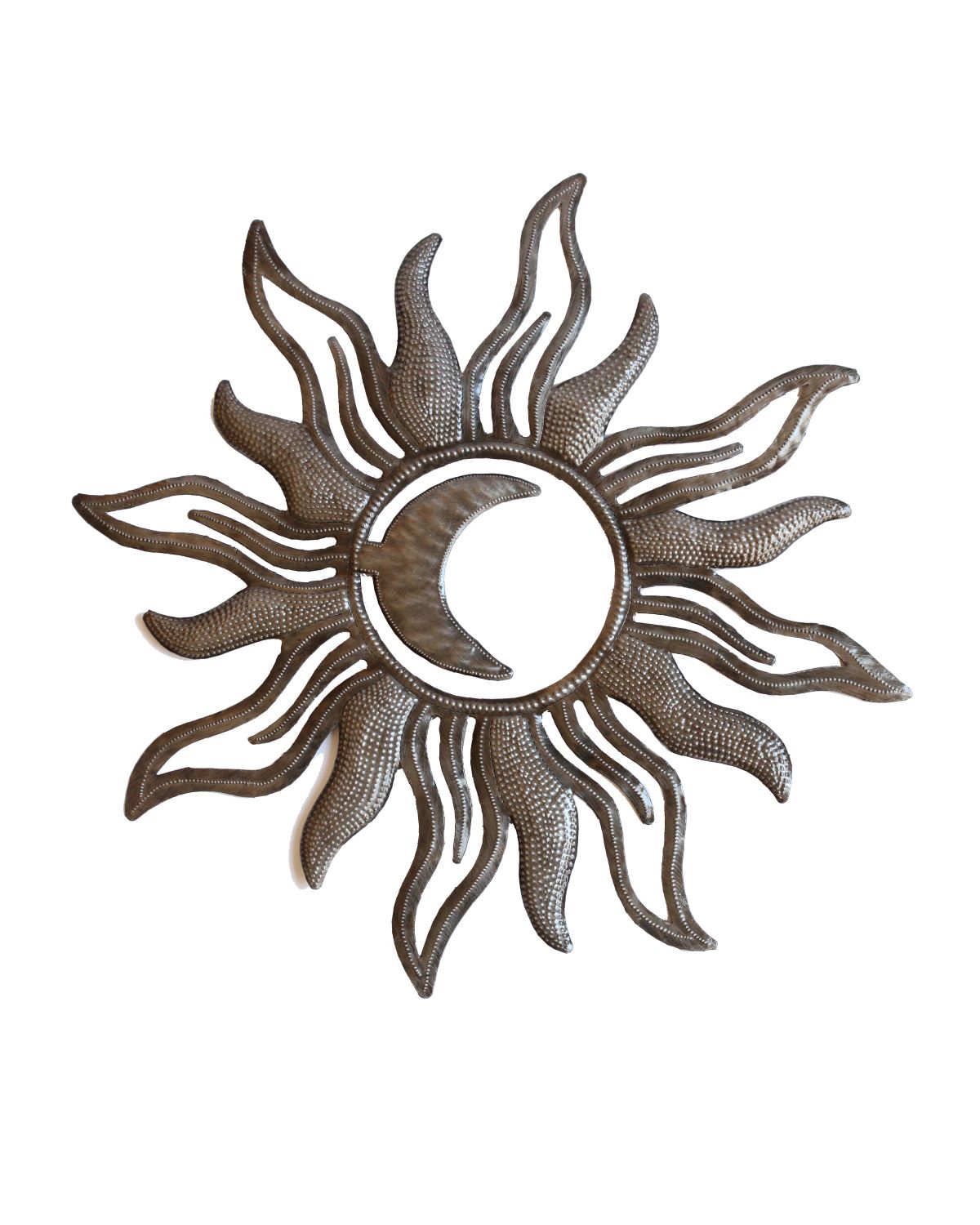 A metal art piece depicting a sun with rays extending outward, featuring a crescent moon inside the sun's circle, all in a rustic, recycled metal finish.