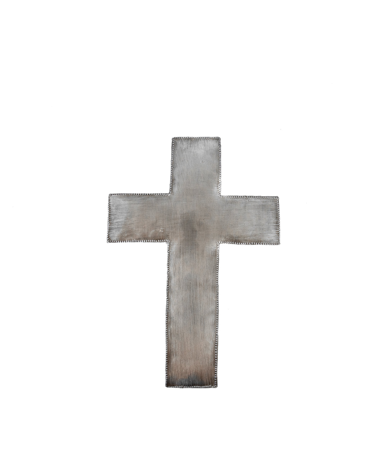A handmade metal cross art piece, with a textured and rustic appearance, on a white background.