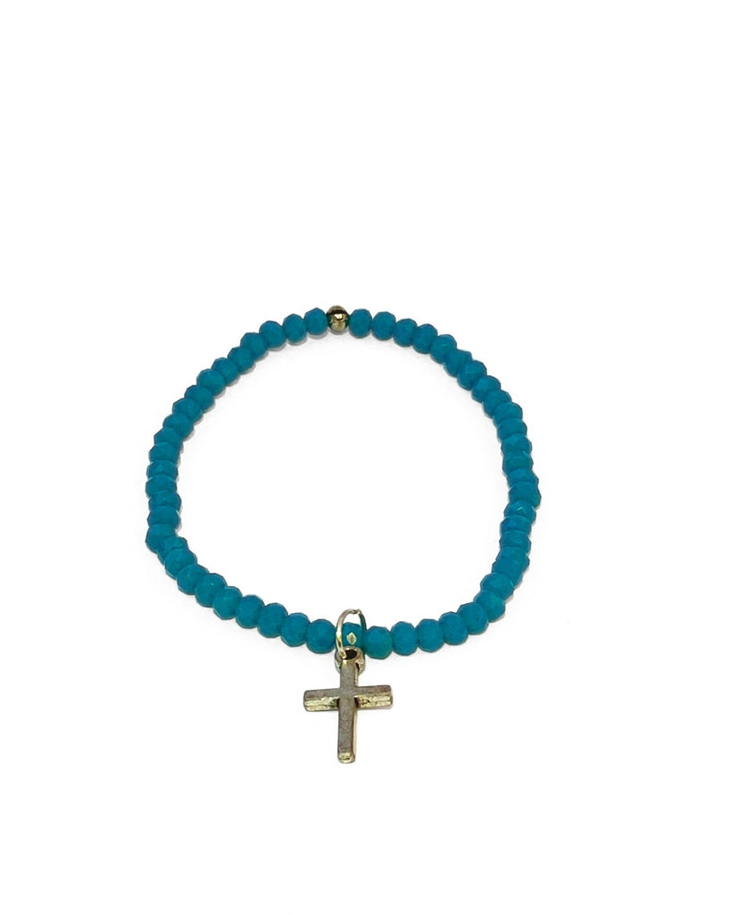 small teal blue beaded bracelet on stretch cord with silver cross charm