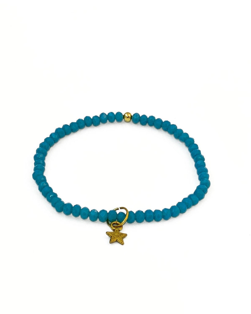 small teal blue beaded stretch bracelet with gold star charm