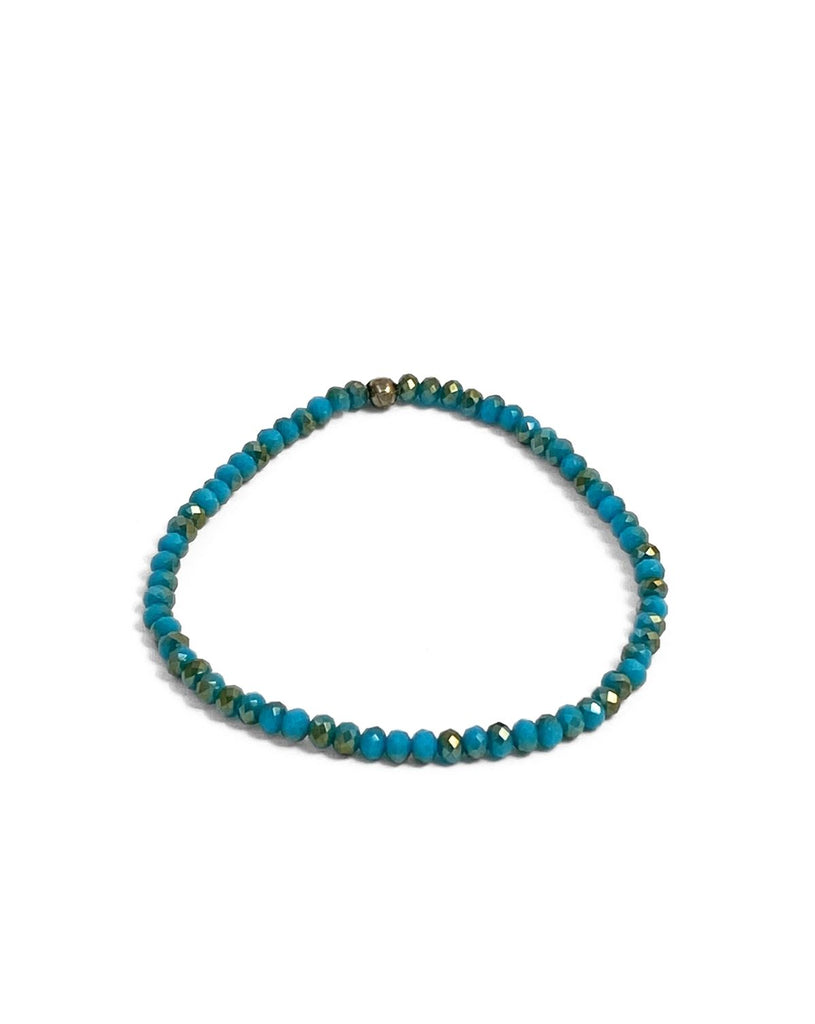 small blue beaded stretch bracelet with bronze shimmer