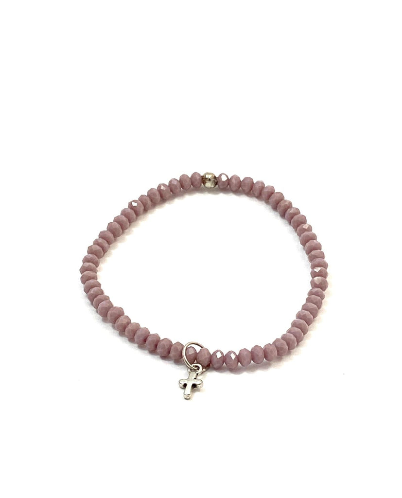 lilac beaded stretch bracelet with silver cross charm