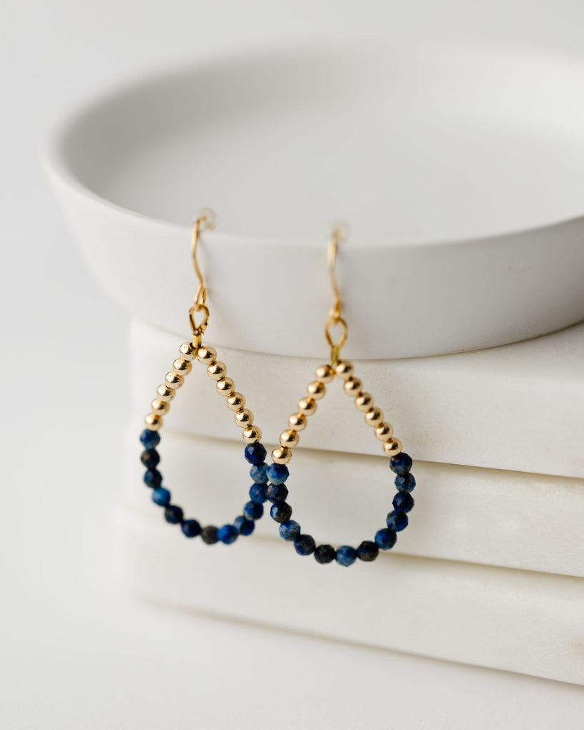2" teardrop shaped earrings strung with gold filled and lapis lazuli beads