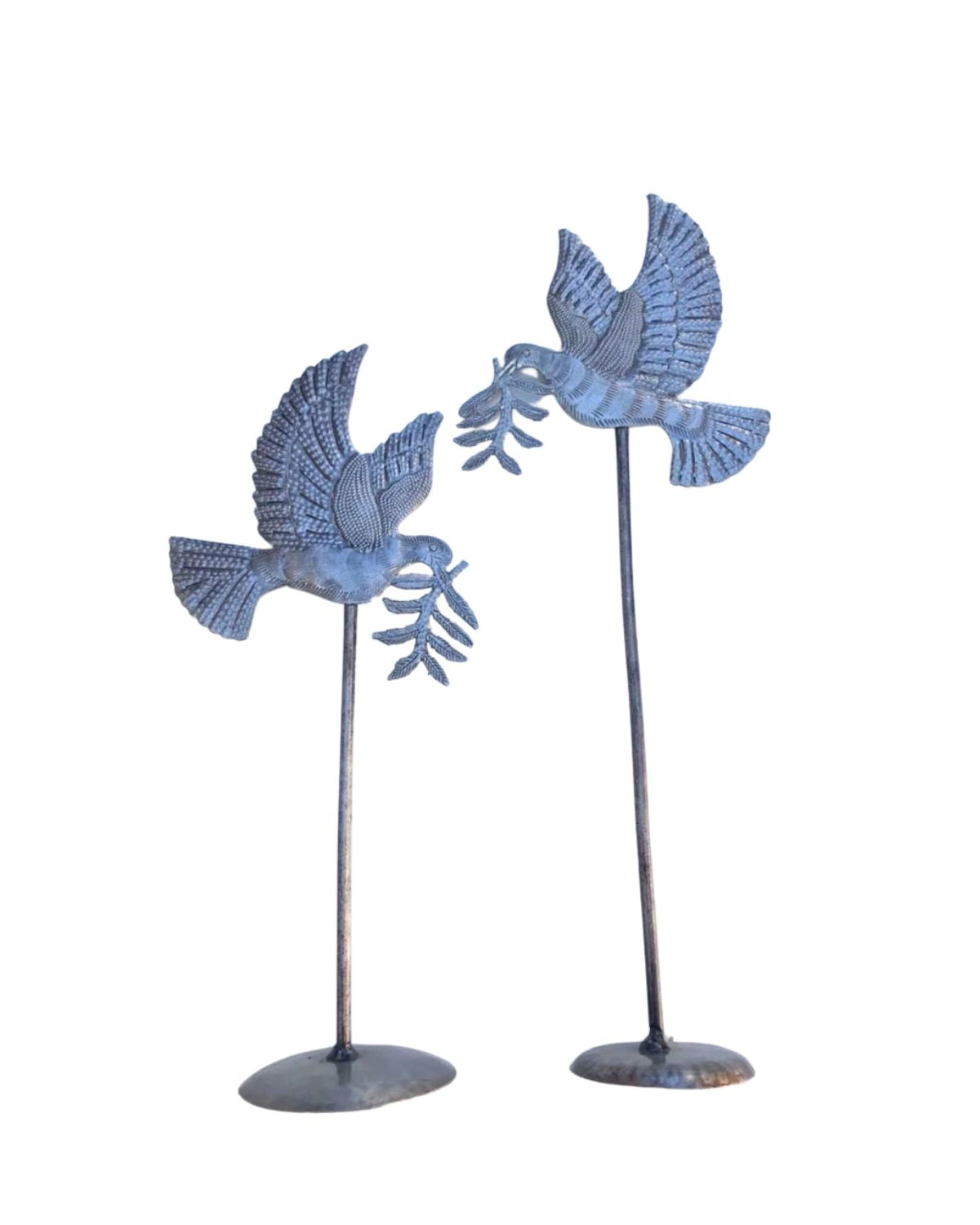 metal doves on stands, set of 2