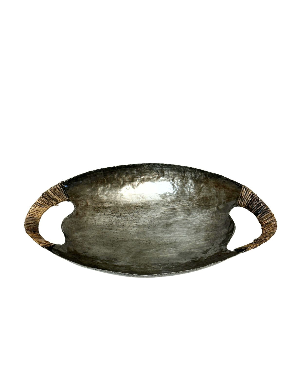 Decorative metal tray with handles on a white background