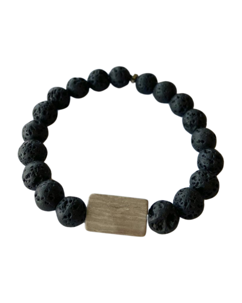 Black lava bead bracelet with brown rectangular river stone