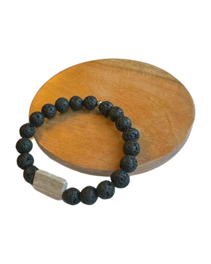 black lava bead bracelet with brown rectangular river stone