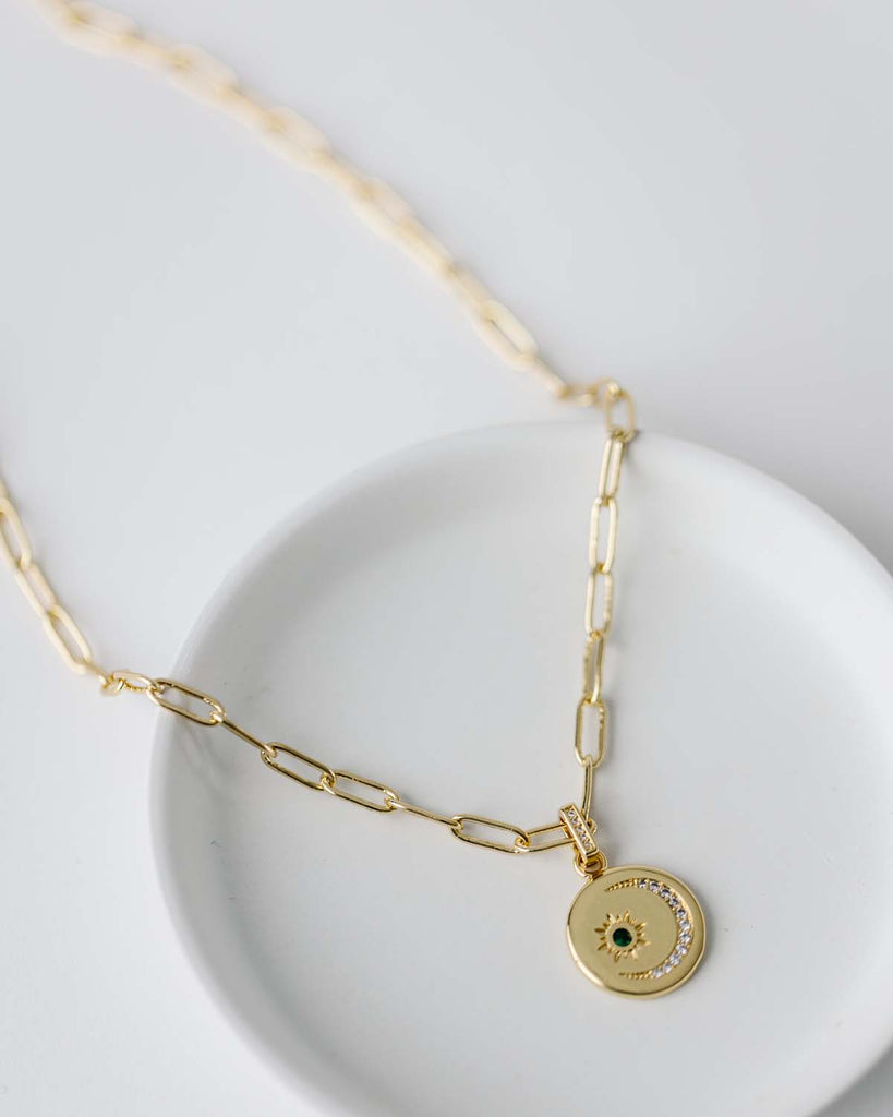 16" paperclip chain with gold filled disc featuring cv moon and green cv star