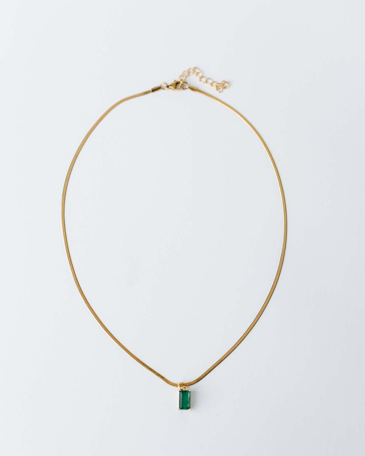 17.5" gold herringbone chain with green cz rectangle pendant