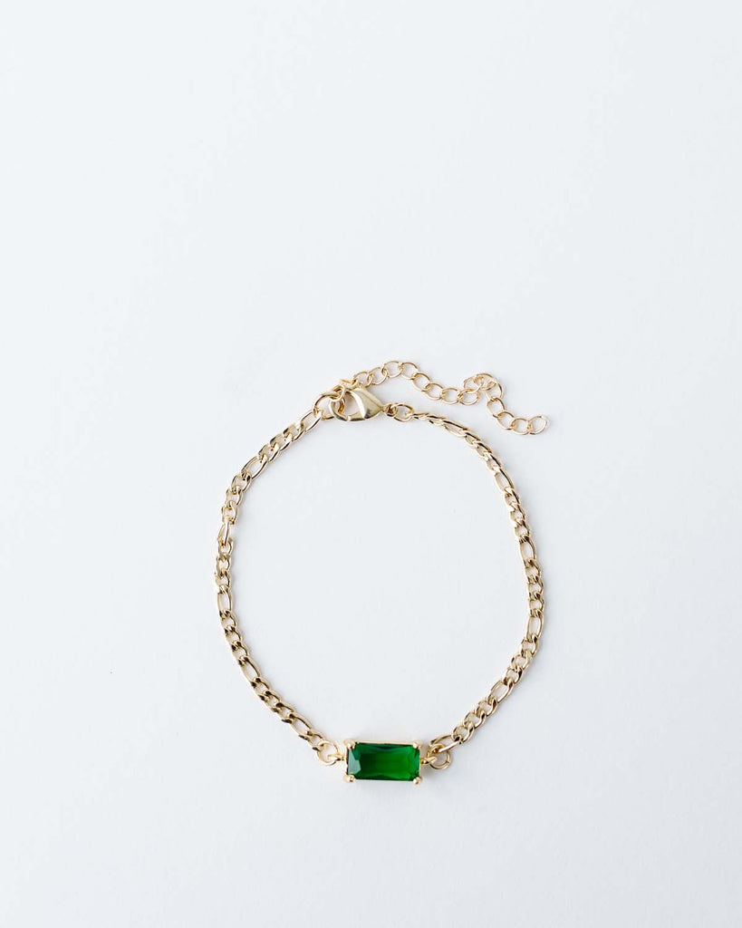 gold figaro chain bracelet 6.5" with 2" extender.  Rectangle emerald green CZ connector.