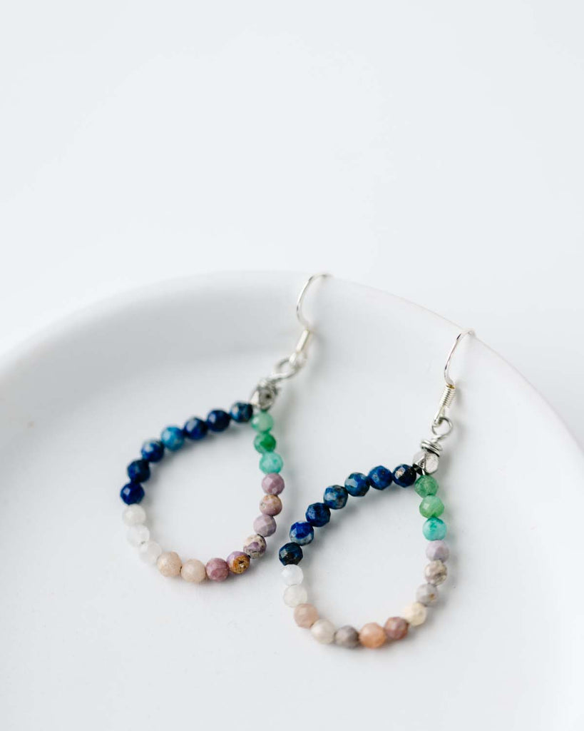multicolor gemstone hoop earrings on silver earwire