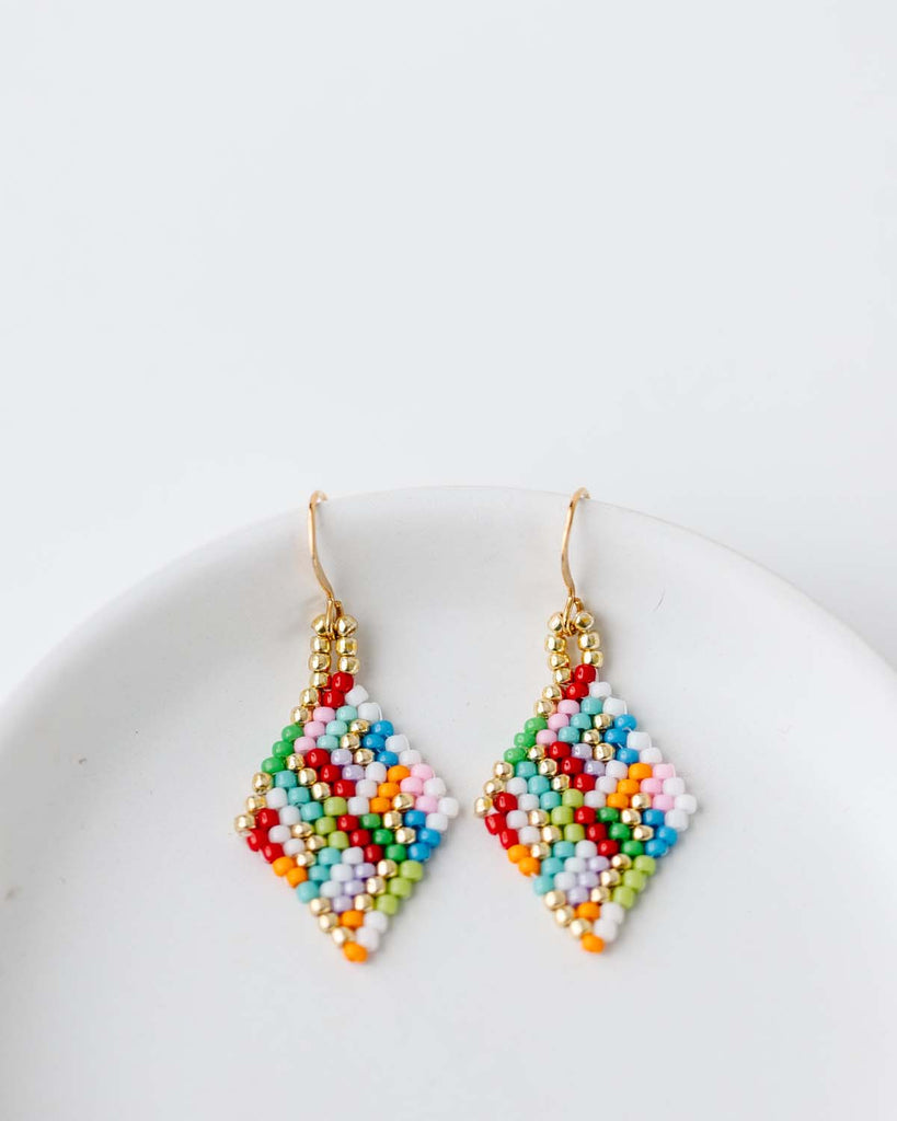 Beaded multicolor diamond shaped earrings large