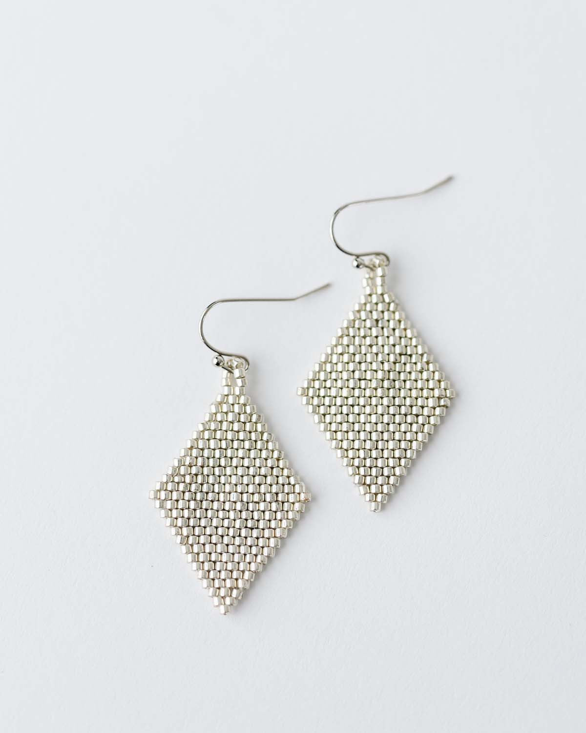 silver diamond shaped beaded earrings, 2" drop on silver ear wire