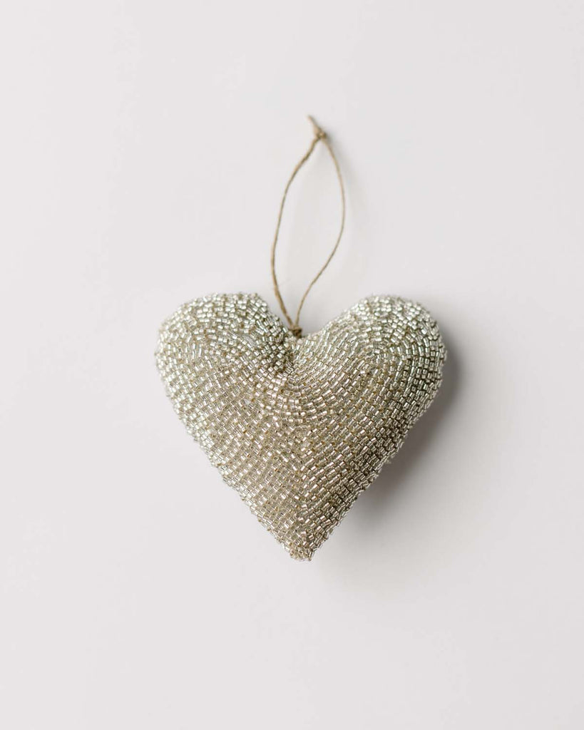 Maria Handbeaded Heart Ornament - Silver