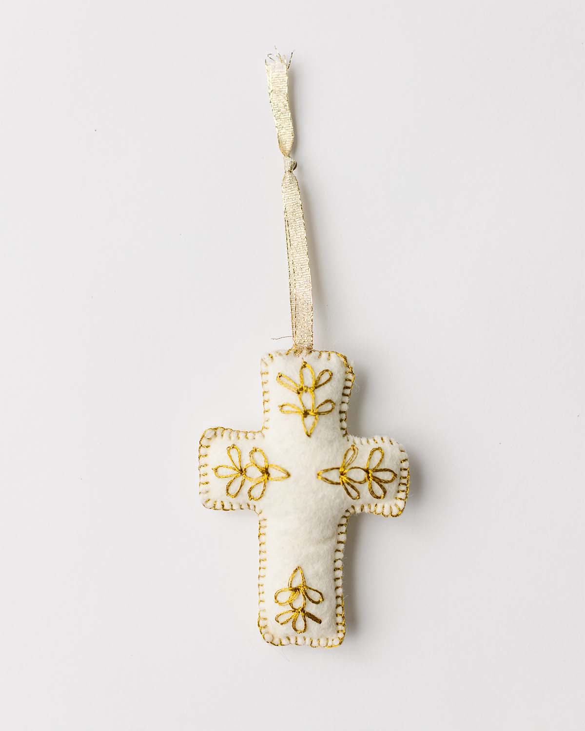 Cream felt cross ornament with gold embroidery