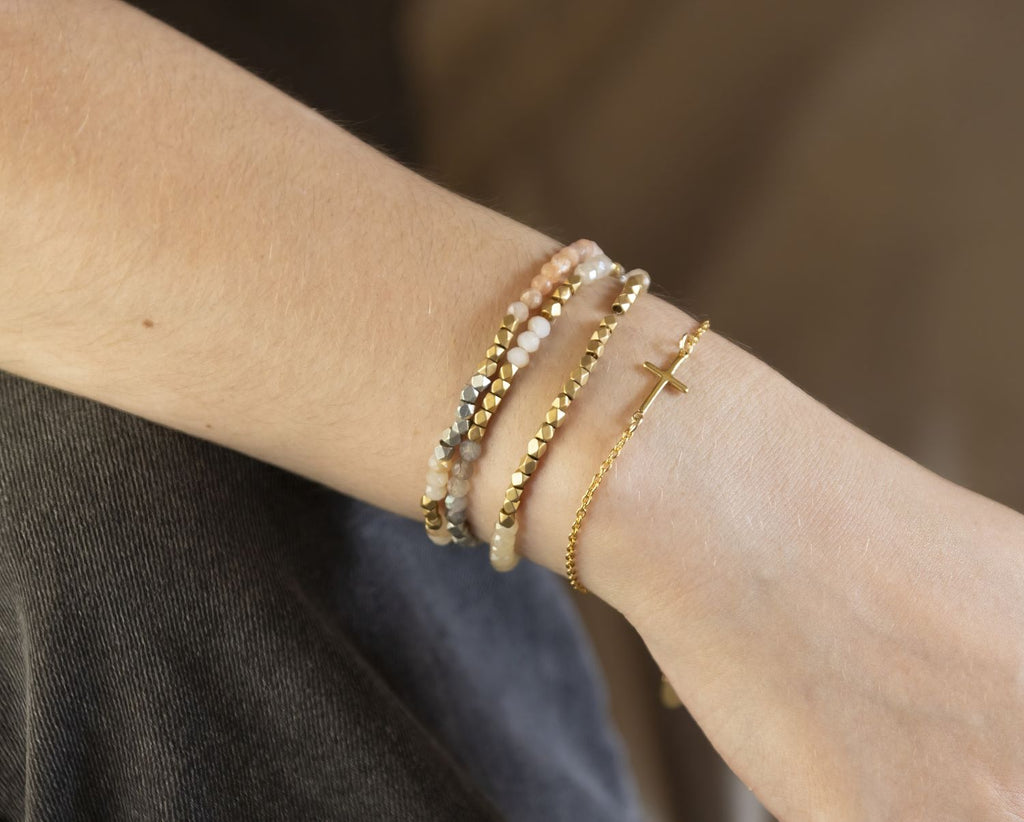 gold silver moonstone and sunstone triple wrap bracelet