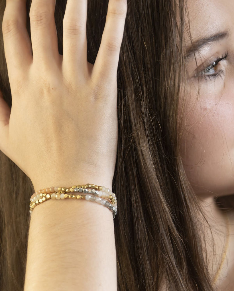 gold silver moonstone and sunstone triple wrap bracelet