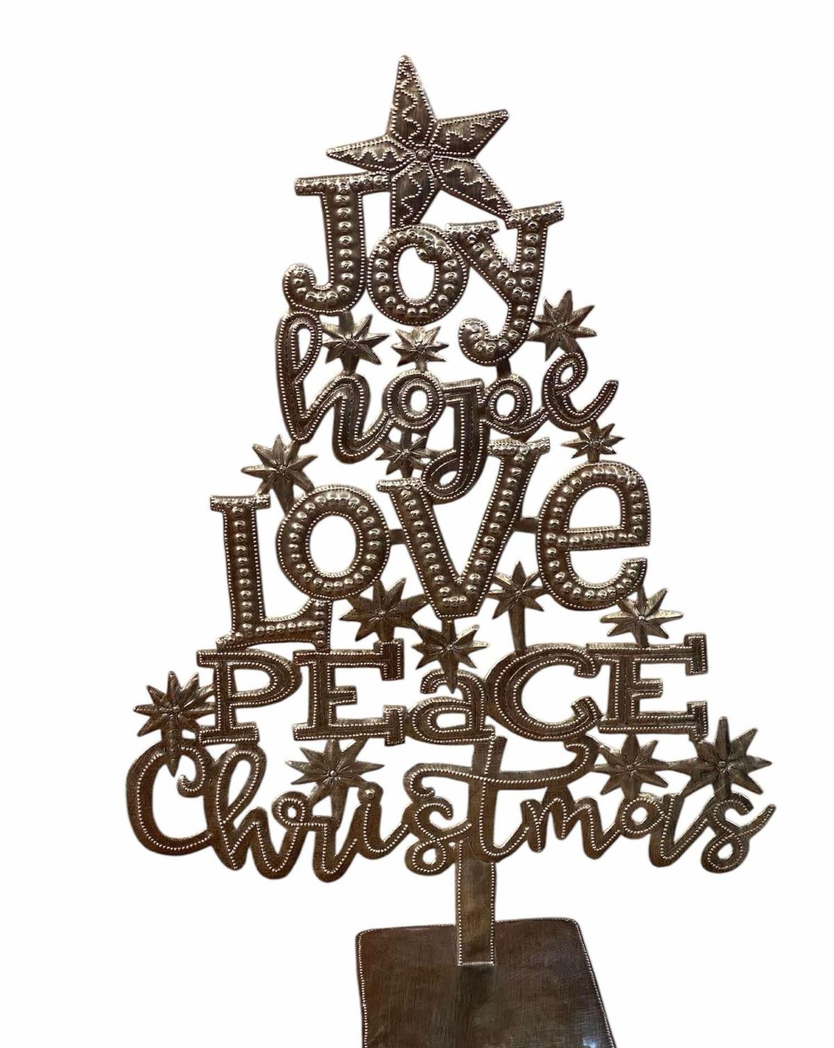 Decorative Christmas tree topper with motivational phrases on a white background