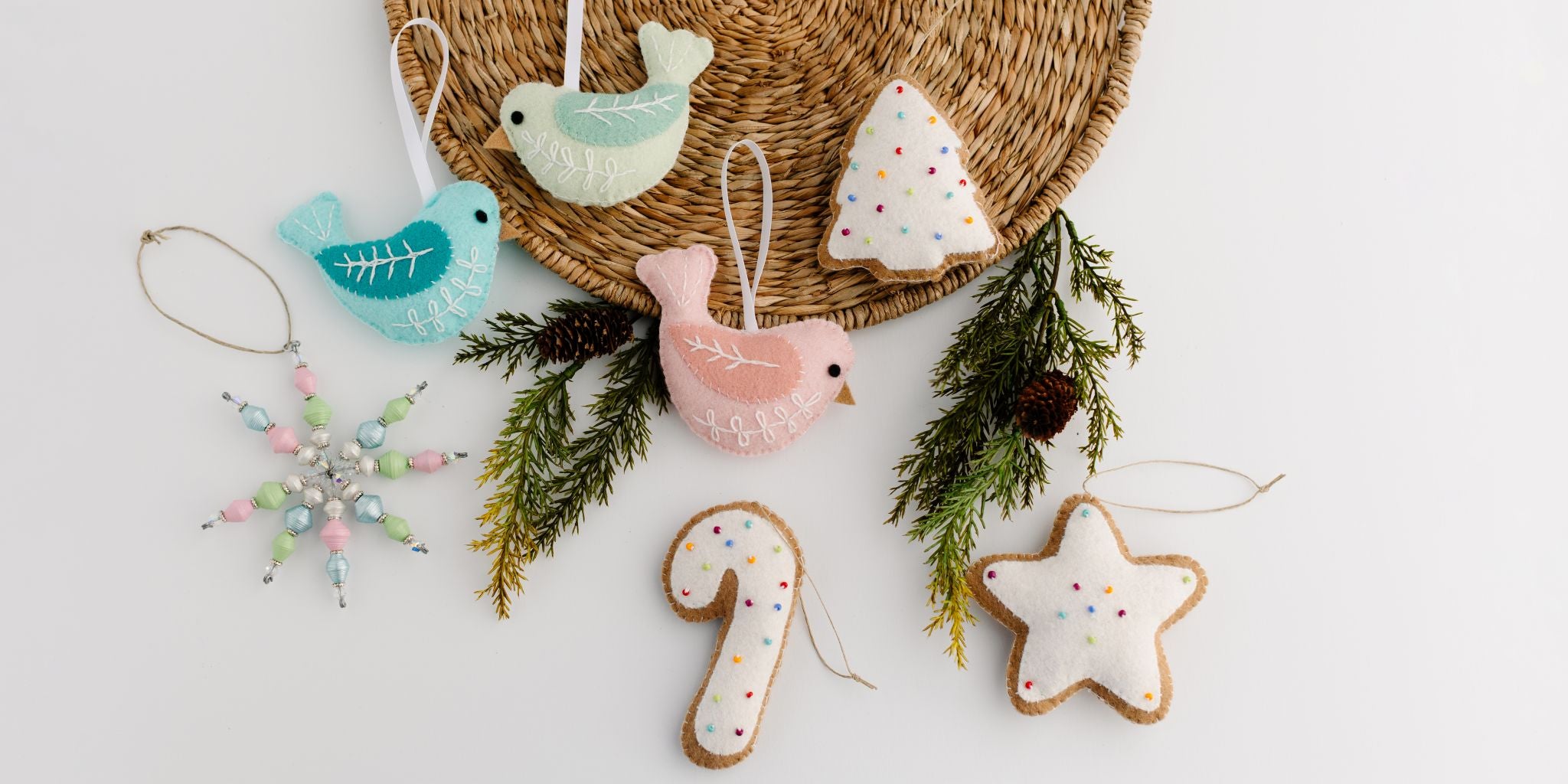 Decorative bird and cookie shaped pastel ornaments