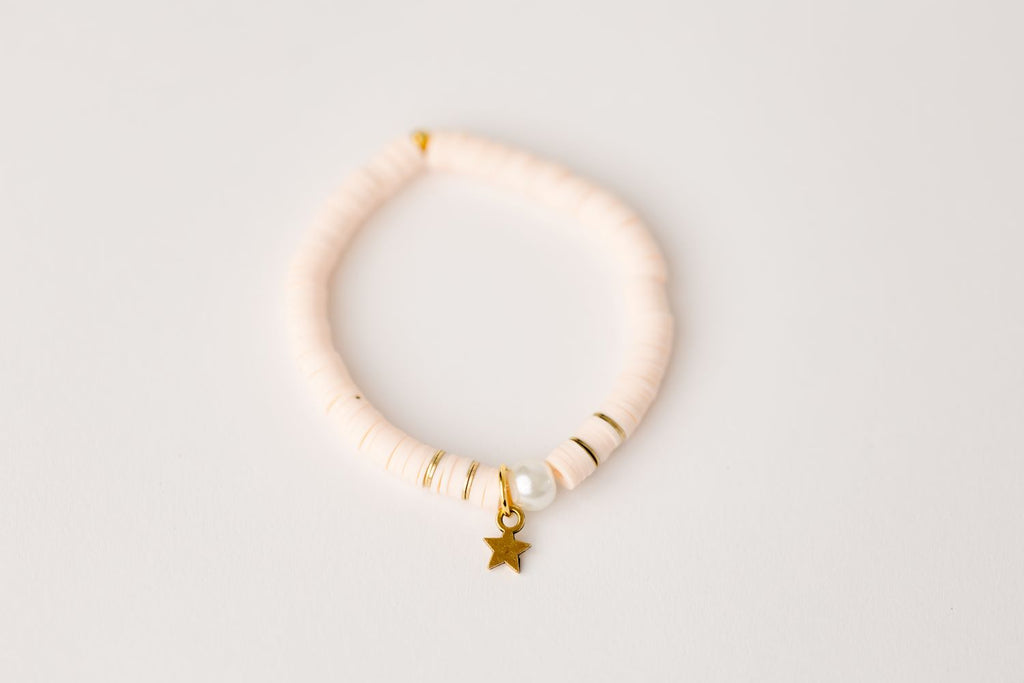blush clay bead youth bracelet with pearl accent and gold spacers and star charm