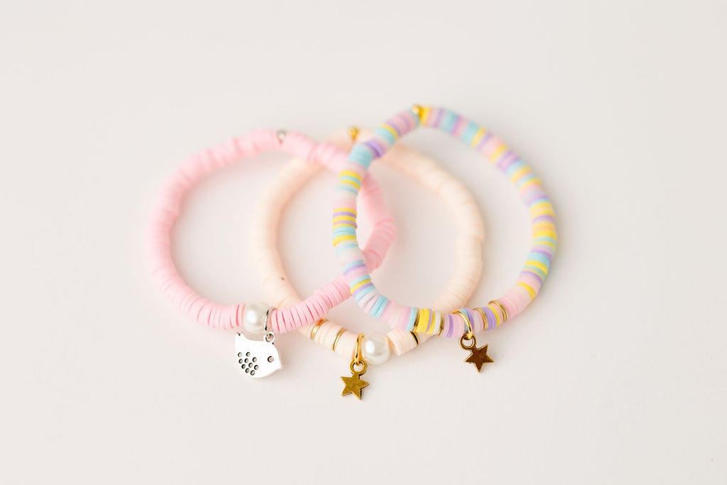 Assorted pastel clay bead youth bracelet with charm