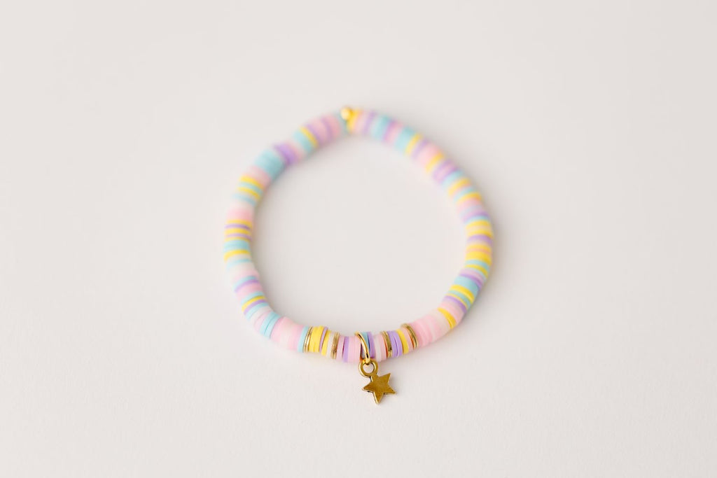 pastel clay bead youth bracelet with gold spacers and star charm