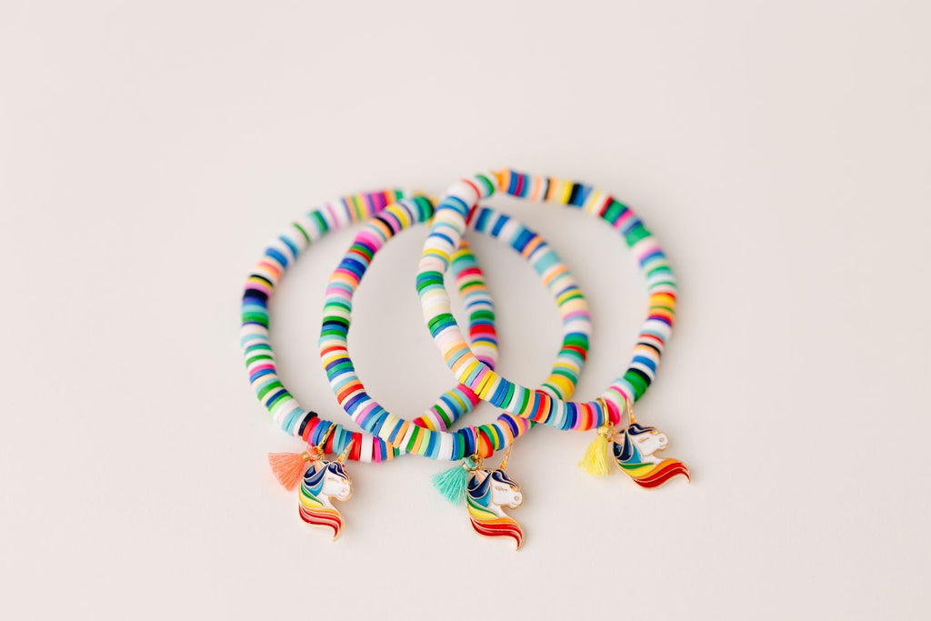 brightly colored clay bead youth bracelet with rainbow unicorn charm