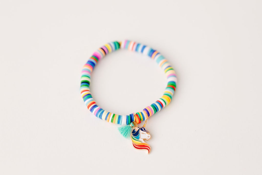 multi colored clay bead youth bracelet with rainbow unicorn charm and small string tassel